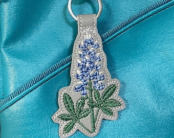 Bluebonnet Keychain, Texas State Flower Embroidered Keyring, Floral Bag Charm, Handmade in Dallas, Spring Wildflower Accessory