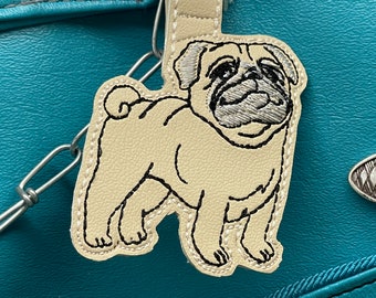 Pug Dog Keychain Embroidered Marine Vinyl Bag Tag — Fawn Apricot or Black Pug Gift for Dog Mom — Handmade Pet Lover Key Fob Accessory
