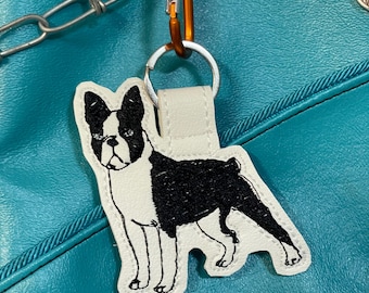Boston Terrier Keychain, Embroidered Dog Breed Gift, American Gentleman Bag Charm, Pet Mom Keyring, Handmade Vinyl Accessory