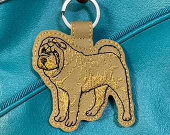 Shar Pei Dog Keychain, Pet Breed Gift, Wrinkly Puppy Purse Charm, Handmade Embroidered Vinyl