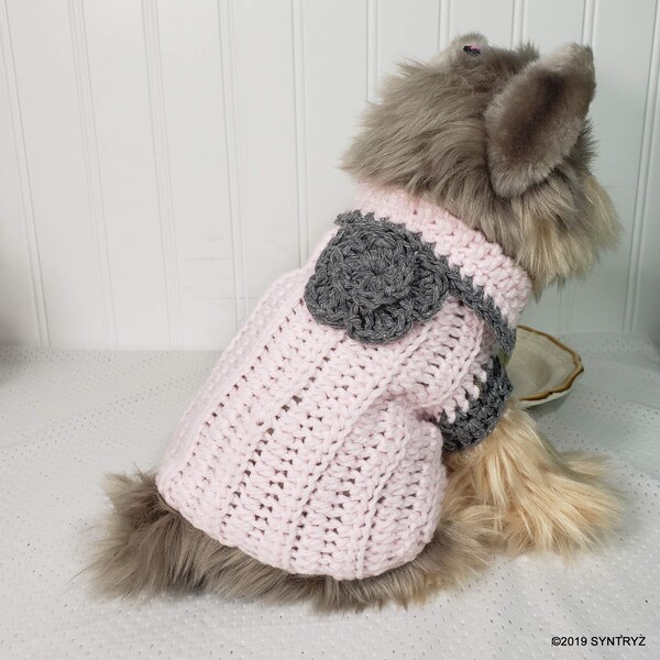Dog sweater Tiny to Small Hand crocheted in light baby pink with white grey or black trim and flower 3xsmall 2Xsmall Micro teacup toy puppy