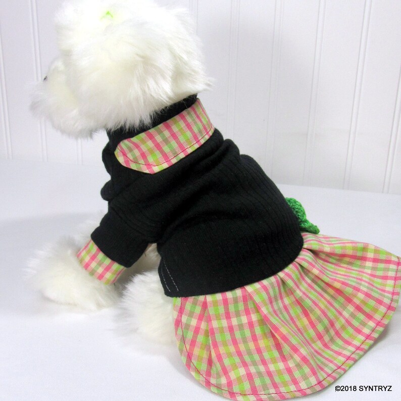 Pink and green plaid check black sweater knit ruffle with rose Small medium large dog sizes Dog Sweater dress