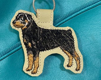 Rottweiler Keychain, Embroidered Dog Breed Gift, Rottie Puppy Purse Charm, Guard Pet Bag Tag, Handmade Vinyl Keyring
