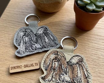 Havanese Keychain, Embroidered Dog Lover Gift, Sable Gold or Silver Grey Keyring, Sketch Style Pet Bag Charm, Bichon Mom Present