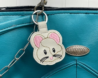 Hamster Keychain, Embroidered Pocket Pet Gift, Cute Hamster Mom Keyring, Small Animal Bag Charm, Handmade White Vinyl Hamster Accessory