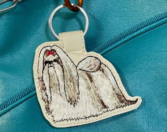 Shih Tzu Keychain, Embroidered Dog Breed Gift, Lion Puppy Cut Purse Charm, Long Hair Chrysanthemum Bag Tag, Handmade Vinyl Keyring