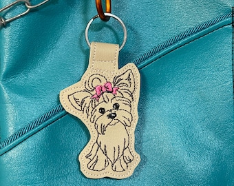 Yorkshire Terrier Keychain, Embroidered Yorkie Gift, Toy Breed Purse Charm, Pink Bow Dog Bag Tag, Handmade Vinyl Keyring