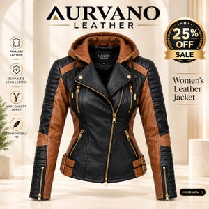 Puede incluir: Una chaqueta de cuero bicolor con cuerpo negro y mangas marrones, que incluye una capucha marrón a juego. La prenda presenta cremalleras doradas, detalles acolchados en los hombros y hebillas laterales ajustables en la cintura.