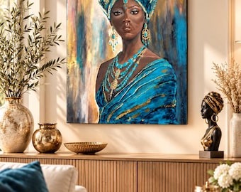 Pintura estructurada de 100 × 70 cm, mujer de piel oscura con turbante, turquesa y dorado, arte moderno pintado a mano.
