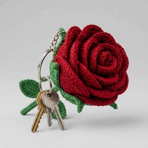 May include: A crocheted red rose keychain featuring a deep red flower head with layered petals and green crocheted leaves. A silver-toned metal split ring is attached to the base of the rose, holding two metallic keys, one brass and one silver.