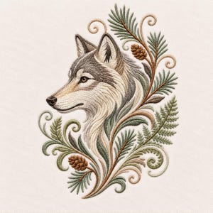 May include: An embroidery design featuring a wolf head in profile, rendered in shades of gray, white, and tan. The wolf is surrounded by decorative green pine needles, brown pinecones, and fern-like foliage with swirling brown stems.