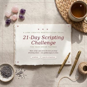 May include: A 21-Day Scripting Challenge manifestation guide book with cream-colored pages, featuring dark red text, two gold fountain pens, small pink and purple crystals, a small bowl of dried lavender, and a woven coaster with a mug.