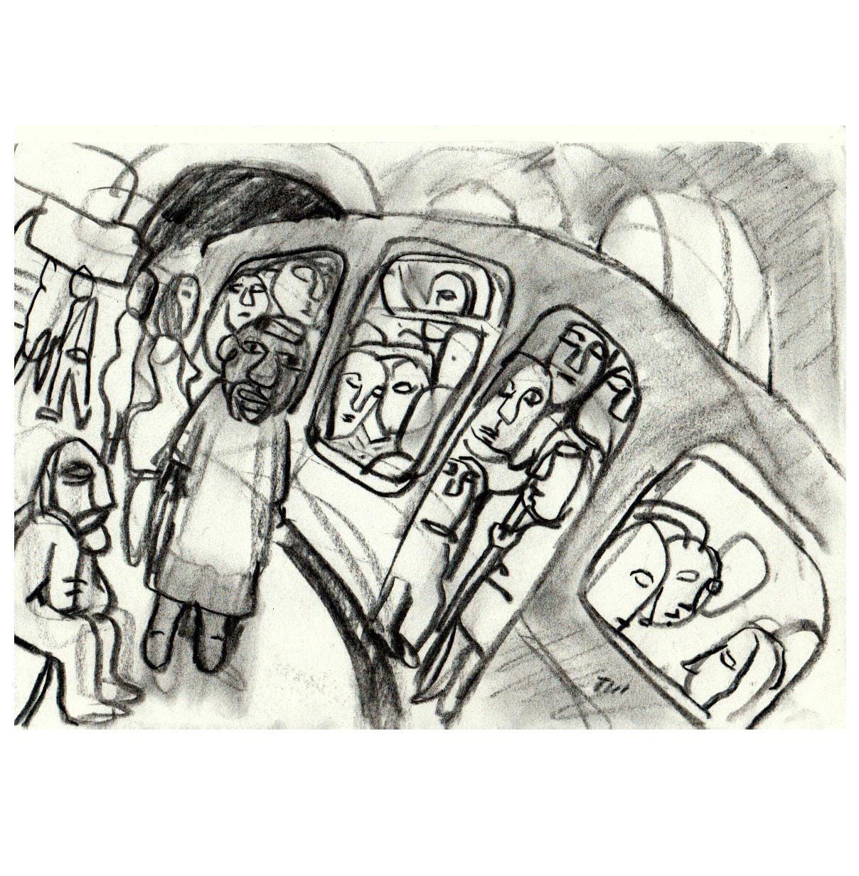 木炭画 - パリの地下鉄内 - 9x12インチの地下鉄スケッチ - Etsy 日本