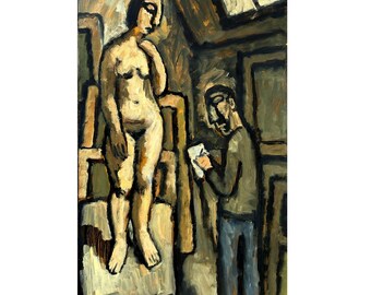 Artist and Model in Studio -Large Original Figure Painting - 16x29 Oil on Panel