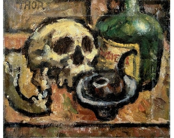 Still Life Oil Painting - Skull, Pipe, and Cognac - 12x14 Oil on Canvas