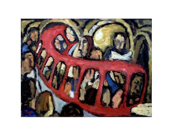 Original Subway Scene Painting - Red Metro Abstraction -  12x16 Oil on Panel, Urban Expressionist Fine Art, Signed Original