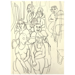 Originele houtskooltekening - On the Metro/Paris-9 x 12 potloodtekening, expressionistische beeldende kunst, hedendaagse metroscène, origineel ondertekend