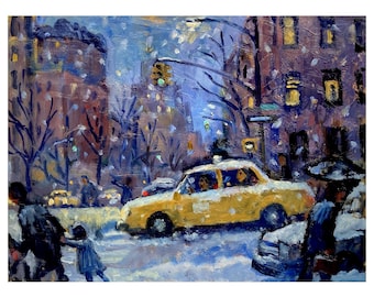 New York Night Painting - Snow Taxi/Winter Nocturne - 8x10 Oil on Panel