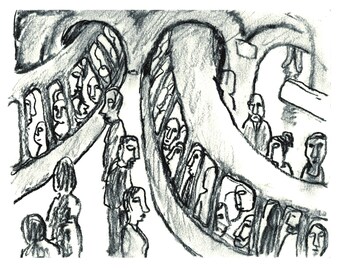 Paris Metro, This Way/That Way, Signed Original Charcoal Drawing