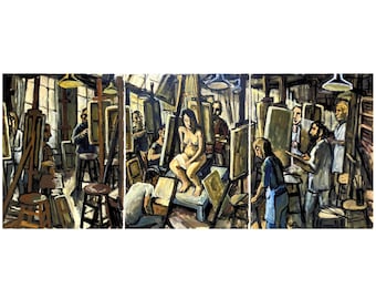 Large Oil Painting - Studio Triptych/Art Students League - Oil on Canvas 20x60
