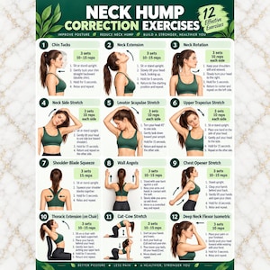 May include: An instructional poster titled Neck Hump Correction Exercises featuring 12 numbered illustrations of a person in a dark green sports bra performing various stretches and movements with text instructions for each exercise.