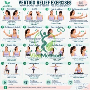 Könnte beinhalten: Eine Anleitungstafel mit dem Titel Vertigo Relief Exercises, die sechzehn nummerierte Felder mit Illustrationen einer Person bei der Ausführung körperlicher Bewegungen zeigt, darunter Nackendrehungen, Augenverfolgung und Gleichgewichtsübungen.
