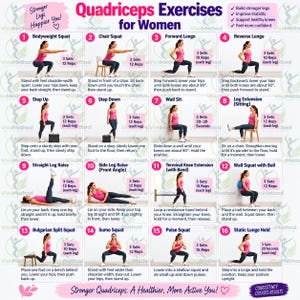 May include: An instructional chart titled Quadriceps Exercises for Women featuring sixteen numbered illustrations of a person in a pink tank top and dark leggings performing various leg exercises with text instructions and set and rep counts.