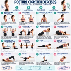 May include: An instructional poster titled Posture Correction Exercises featuring sixteen numbered illustrations of a person performing various stretches and movements, including neck retractions, wall angels, planks, and glute bridges with text instructions.