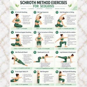 May include: An instructional poster titled Schroth Method Exercises for Scoliosis featuring twelve numbered illustrations of a person in green athletic wear performing various physical therapy movements with descriptive text for each exercise.