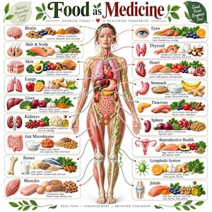 May include: An educational infographic titled Food as Medicine featuring a central human anatomical diagram surrounded by labeled body systems and organs paired with specific food groups that support their health, including text and illustrations.