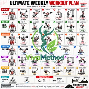 Op de afbeelding: Een uitgebreid wekelijks trainingsschema getiteld Ultimate Weekly Workout Plan. Het bevat dagelijkse oefenroutines van maandag tot zondag, inclusief illustraties van menselijke figuren die verschillende krachttrainingsoefeningen uitvoeren met sets en herhalingen.