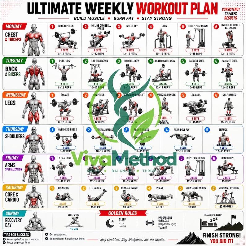 Printable Basic Daily Exercise Routine Ultimate Weekly Workout Plan | Printable Gym Routine | Muscle Building ...