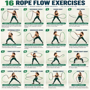 Könnte beinhalten: Eine Anleitungstafel mit dem Titel 16 ROPE FLOW EXERCISES, die sechzehn nummerierte Felder enthält. Jedes Feld zeigt eine Person in Sportkleidung bei einer bestimmten Seilbewegung mit einem grünen Seil, ergänzt durch Anweisungen und Wiederholungszahlen.