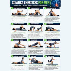 May include: An instructional poster titled Sciatica Exercises for Men featuring twelve numbered panels. Each panel displays a photograph of a person performing a specific exercise on a mat, accompanied by written step-by-step instructions.