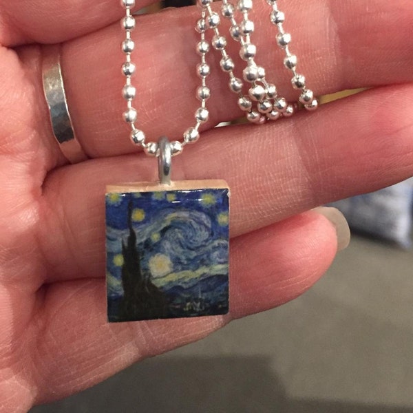 Van Gogh's Starry Night Scrabble Tile Pendant With Silver Plated Ball Chain
