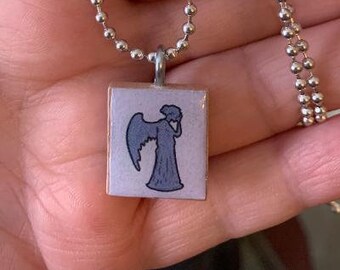 Dr Who Weeping Angel Scrabble Tile Pendant With Silver Plated Ball Chain