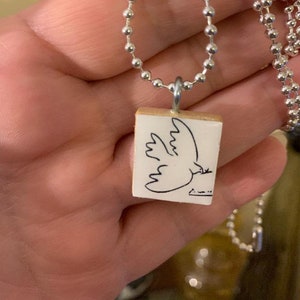 Picasso&#39;s Dove of Peace Scrabble Pendant With Silver Plated Ball Chain