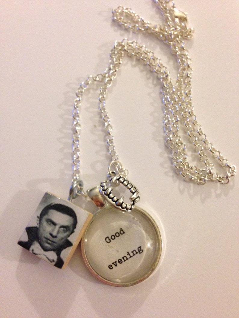 Bela Lugosi Glass Pendant with Scrabble Tile and Silver Charms image 1