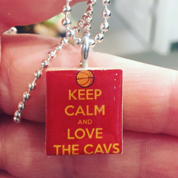 Keep Calm and Love The Cavs Scrabble Tile Pendant with Silver Plated Ball Chain