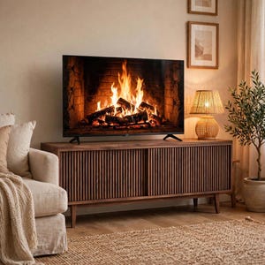 May include: A rectangular wooden media console with vertical slat doors and tapered legs, supporting a flat-screen television displaying a burning fireplace. Beside it sits a woven table lamp and a potted plant on a jute rug.