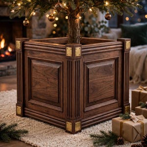 Könnte beinhalten: Ein quadratischer Weihnachtsbaumständer aus dunkelbraunem Holz mit vertikalen, kannelierten Eckpfosten und polierten Messingplatten an jeder Ecke. Der Sockel umschließt den Stamm eines mit warmen Lichtern geschmückten Baumes.
