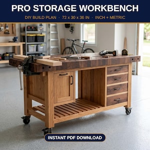 May include: A wooden workbench with a dark butcher block top, a metal vise, a cabinet door, and four drawers. The unit features a slatted bottom shelf and four caster wheels. Text reads: PRO STORAGE WORKBENCH DIY BUILD PLAN 72 x 30 x 36 IN.