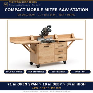 DIY Miter Saw Station Plans PDF | 71 in Fold-Out Wings, Flip-Stop Fence, Dust Cabinet | Inch & Metric | Digital Download