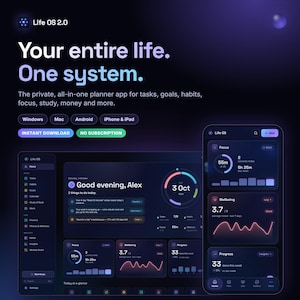 Könnte beinhalten: Eine digitale Benutzeroberfläche für die Planer-App Life OS 2.0 im Dark-Mode-Design mit violetten und blauen Verläufen. Die Anzeige zeigt Aufgabenlisten, Zielverfolgung und Wohlbefindensmetriken mit dem Text Your entire life. One system.