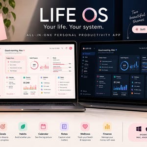 Op de afbeelding: Een digitaal productiviteitsdashboard genaamd LIFE OS, weergegeven op twee laptops en twee smartphones. De interface bevat lichte en donkere thema's met widgets voor taken, gewoontevoortgang, doelen, agenda, financiën, welzijn en notities.