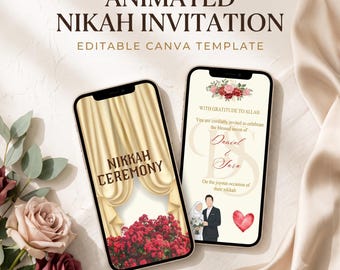 Animated Nikah Invitation Canva Template, Cream and Gold Muslim Wedding Video