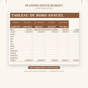 Peut inclure: Un tableur de planification budgétaire pour Google Sheets et Excel intitulé PLANIFICATEUR BUDGET. L'interface présente un tableau de bord annuel brun et blanc avec des colonnes pour les revenus, les dépenses fixes et variables, l'épargne et le solde.