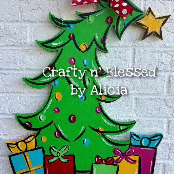 Funky Green Tree & Gifts Personalized Door Hanger