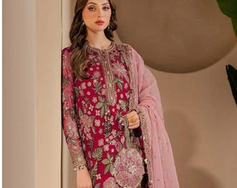 Pakistani  Chiffon Suit 3 Piece, Heavy Embroidered Sharara Dress, Luxury Unstitched