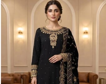 Black Pakistani Party Wear Suit | Chiffon Straight Shirt with Velvet Dupatta | Gold Embroidered Shalwar Suit | Formal Wedding Wear